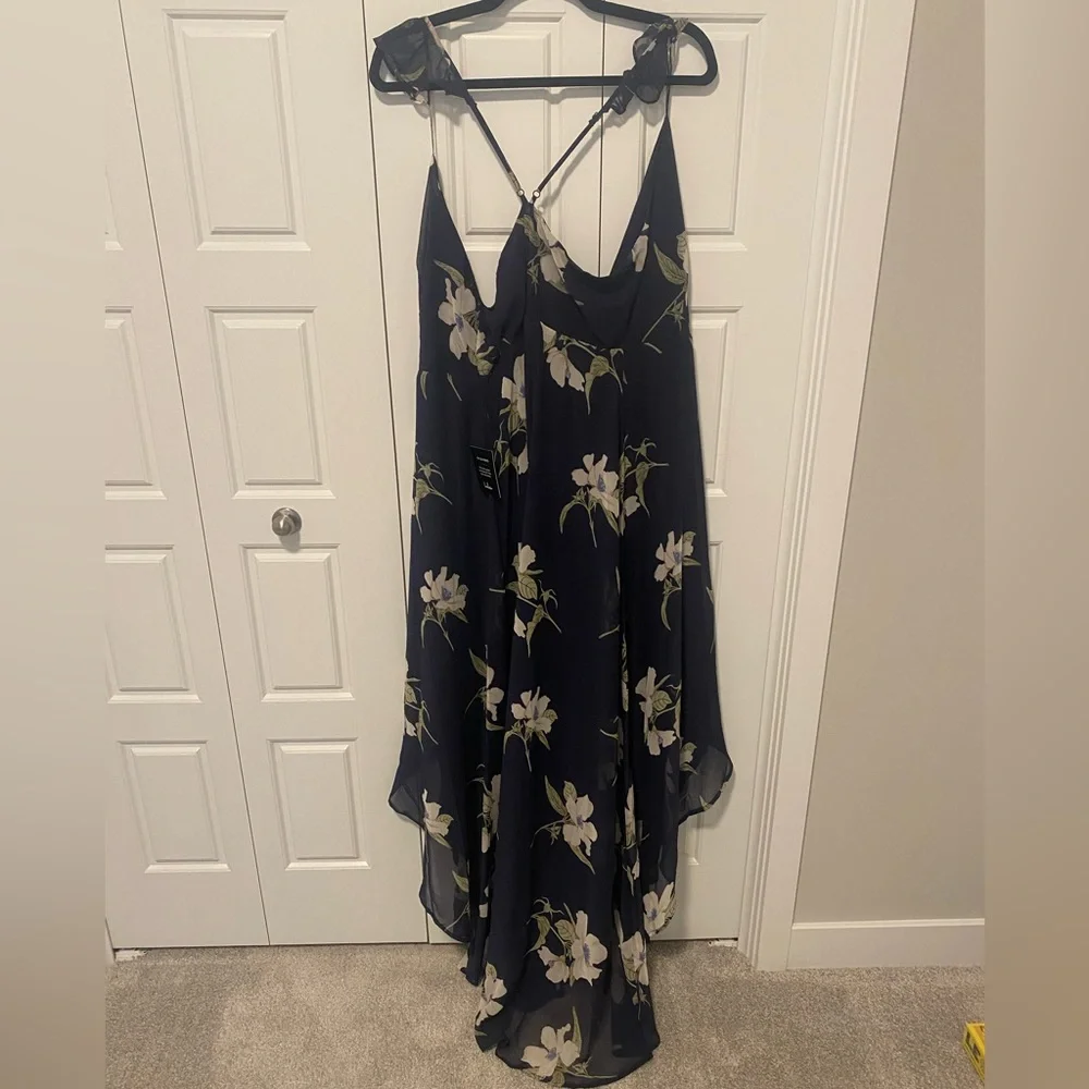 Lulus All Mine Navy Blue Floral Print High-Low Wrap Dress - Picture 3 of 4